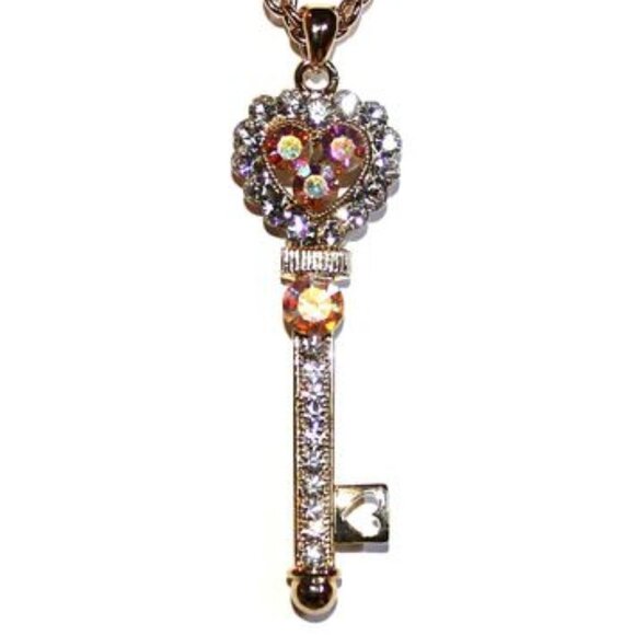 3" Chunky Gold Tone Aurora Borealis Ab Crystal Heart Love Key Necklace Triple Pl - Picture 2 of 5
